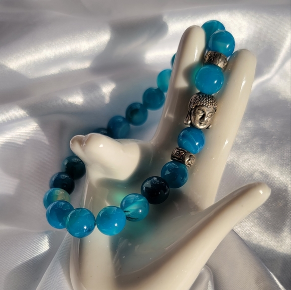 None Jewelry - Handmade Beaded Buddha Stretch Bracelet blue women's silver tone costume jewelry